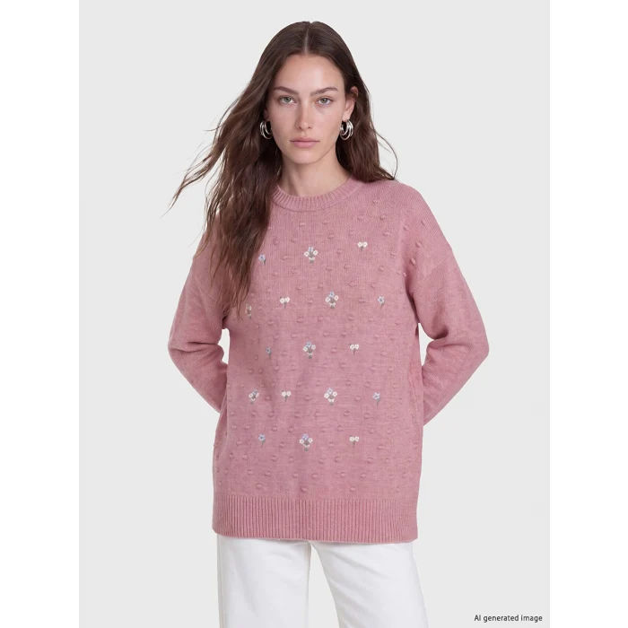 LCW Modest Pembe Bisiklet Yaka Çiçek Nakışlı Kadın Triko Tunik