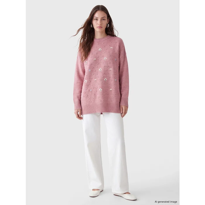 LCW Modest Pembe Bisiklet Yaka Çiçek Nakışlı Kadın Triko Tunik