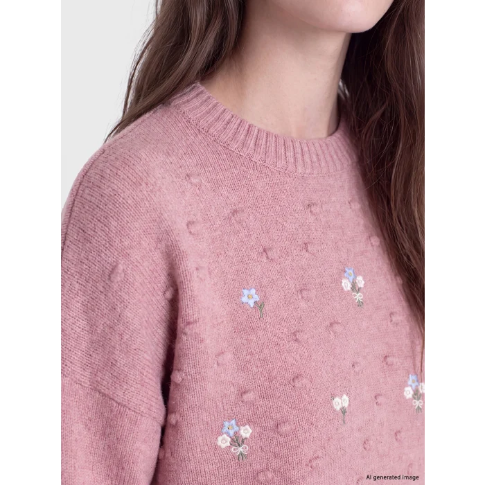 LCW Modest Pembe Bisiklet Yaka Çiçek Nakışlı Kadın Triko Tunik