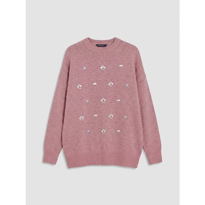 LCW Modest Pembe Bisiklet Yaka Çiçek Nakışlı Kadın Triko Tunik