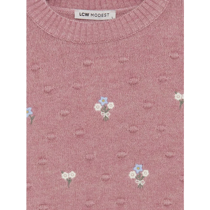 LCW Modest Pembe Bisiklet Yaka Çiçek Nakışlı Kadın Triko Tunik
