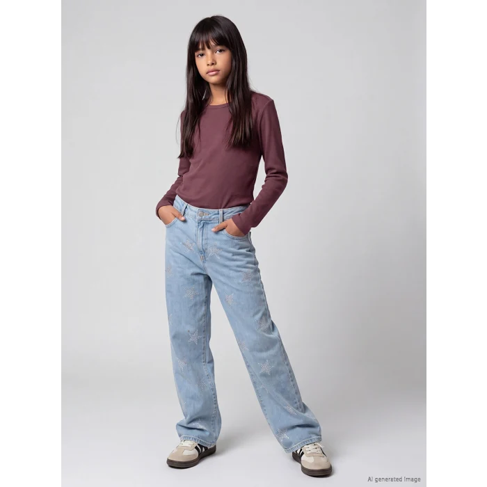 LCW Kids Mavi Wideleg Taşlı Kız Çocuk Jean Pantolon