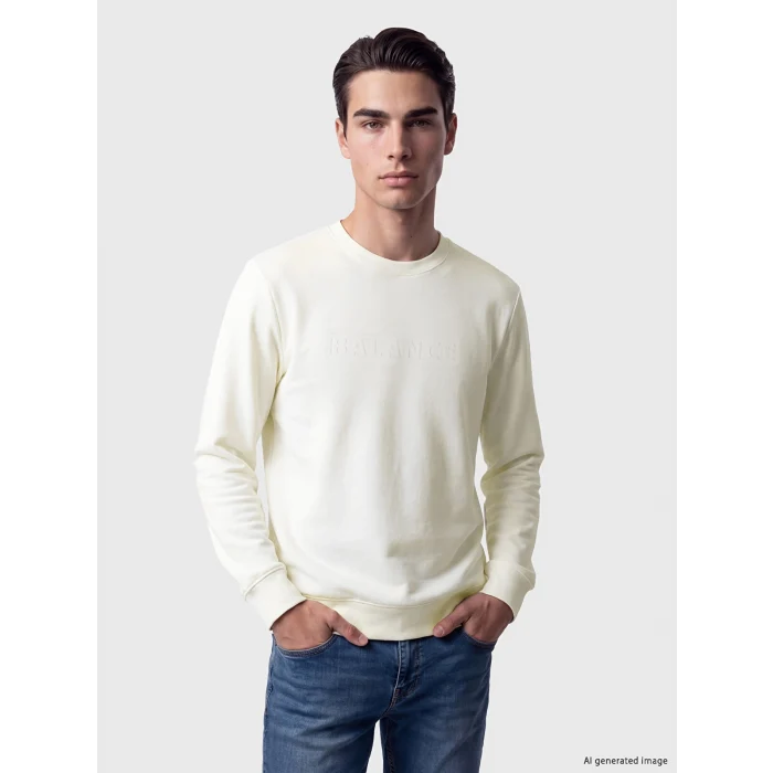 LCWAIKIKI Classic Beyaz Bisiklet Yaka Kabartma Baskılı Erkek Sweatshirt