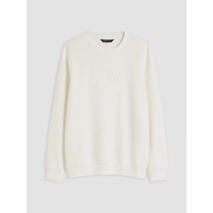 LCWAIKIKI Classic Beyaz Bisiklet Yaka Kabartma Baskılı Erkek Sweatshirt