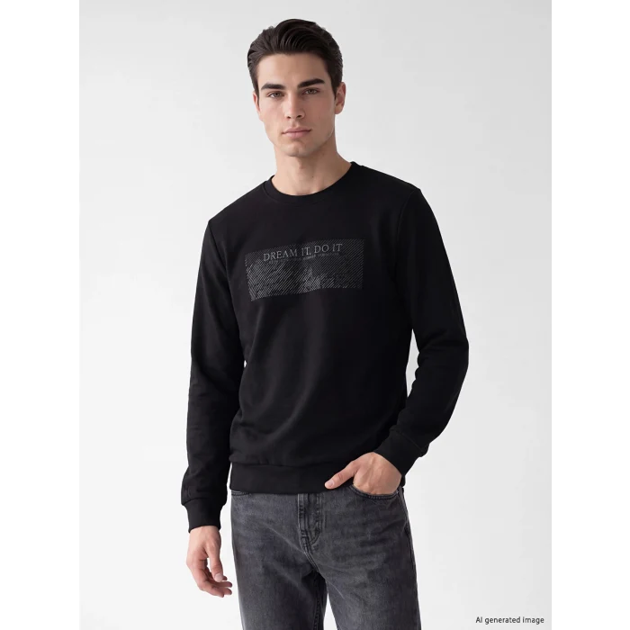 LCWAIKIKI Classic Siyah Bisiklet Yaka Baskılı Kalın Erkek Sweatshirt