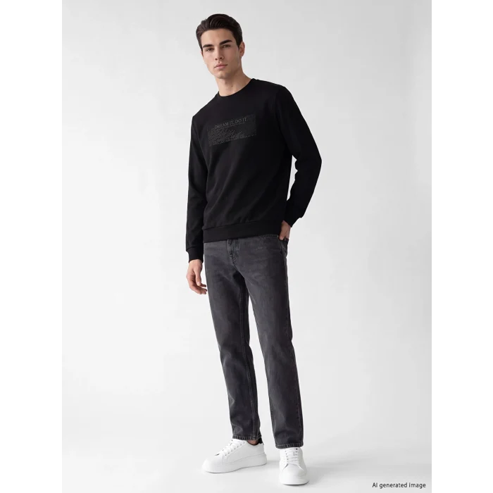 LCWAIKIKI Classic Siyah Bisiklet Yaka Baskılı Kalın Erkek Sweatshirt