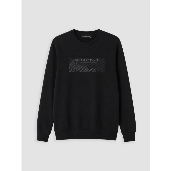 LCWAIKIKI Classic Siyah Bisiklet Yaka Baskılı Kalın Erkek Sweatshirt
