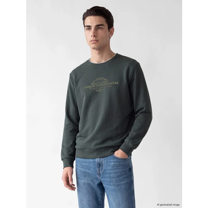 LCWAIKIKI Classic Haki Bisiklet Yaka Baskılı Erkek Kalın Sweatshirt