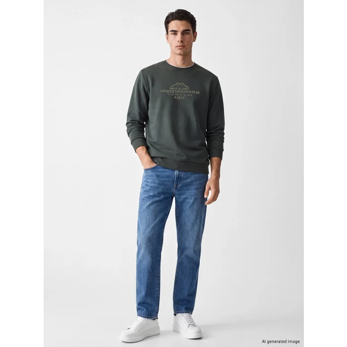 LCWAIKIKI Classic Haki Bisiklet Yaka Baskılı Erkek Kalın Sweatshirt