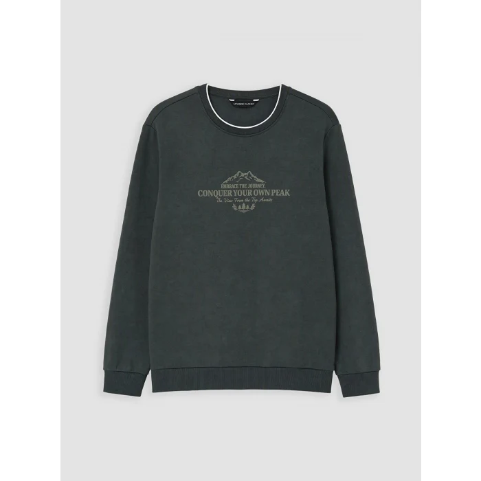LCWAIKIKI Classic Haki Bisiklet Yaka Baskılı Erkek Kalın Sweatshirt