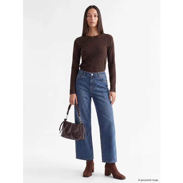 LCW EVERYDAY Kahverengi Bisiklet Yaka Çizgili Kadın Body