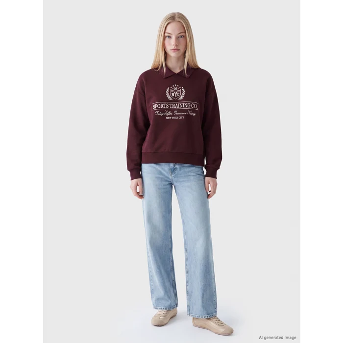 XSIDE Bordo Polo Yaka Nakışlı Oversize Kadın Sweatshirt
