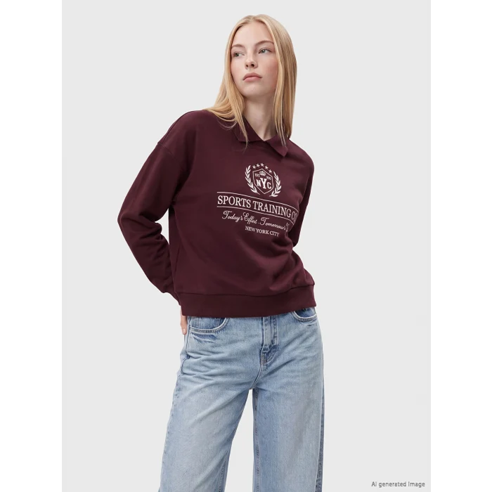 XSIDE Bordo Polo Yaka Nakışlı Oversize Kadın Sweatshirt