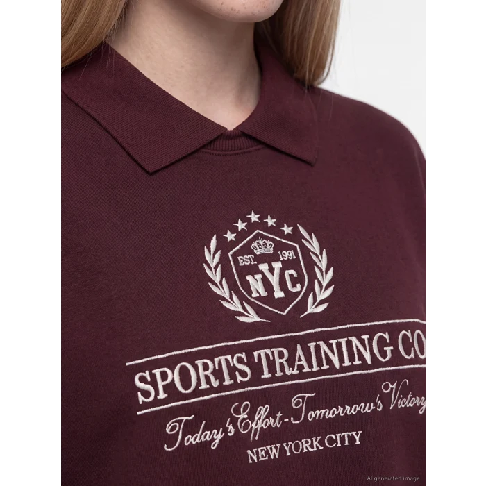 XSIDE Bordo Polo Yaka Nakışlı Oversize Kadın Sweatshirt