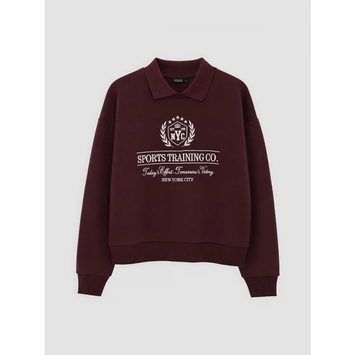 XSIDE Bordo Polo Yaka Nakışlı Oversize Kadın Sweatshirt