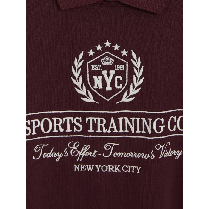 XSIDE Bordo Polo Yaka Nakışlı Oversize Kadın Sweatshirt