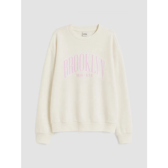 LCW Kids Ekru NYC Baskılı Kız Çocuk Sweatshirt