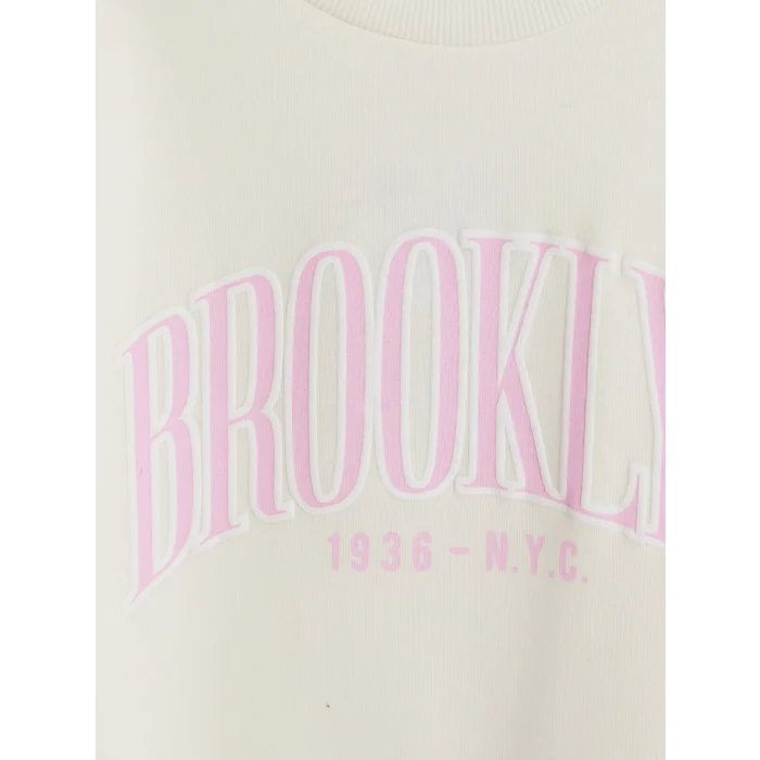 LCW Kids Ekru NYC Baskılı Kız Çocuk Sweatshirt