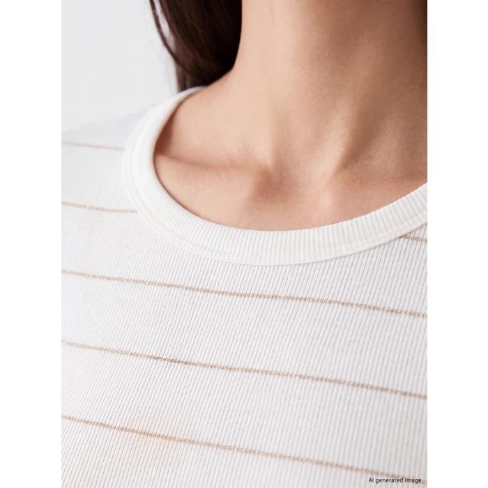 LCW EVERYDAY Ekru Bisiklet Yaka Çizgili Kadın Fitilli Body