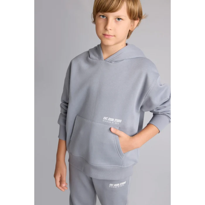Defacto H9682A8GR27 Gri Regular Fit Kapüşonlu Baskılı Kanguru Cepli Kalın Kumaş Sweatshirt Erkek Çocuk