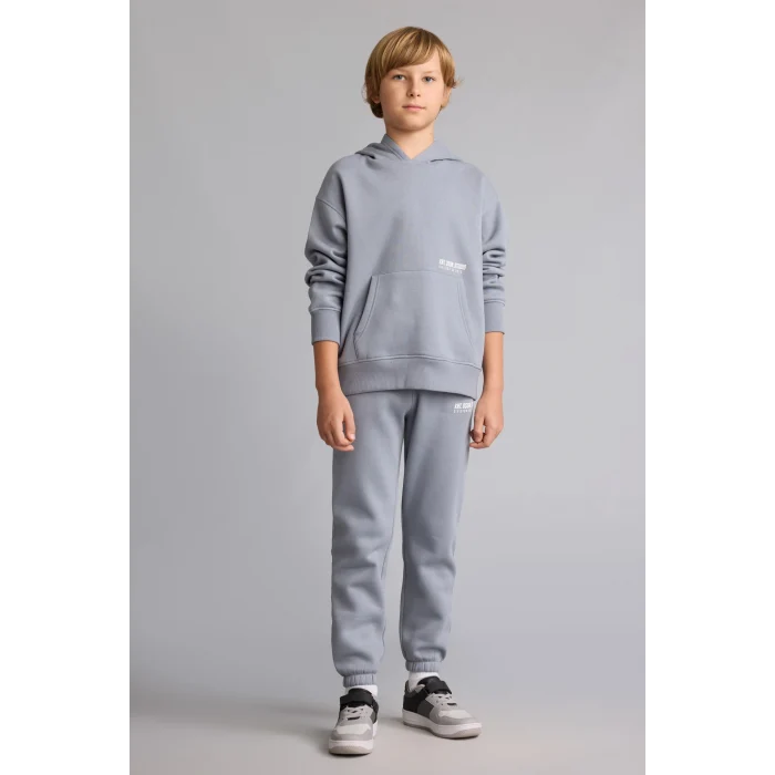 Defacto H9682A8GR27 Gri Regular Fit Kapüşonlu Baskılı Kanguru Cepli Kalın Kumaş Sweatshirt Erkek Çocuk