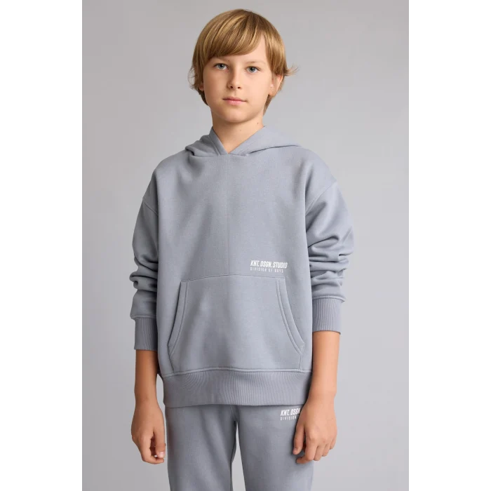 Defacto H9682A8GR27 Gri Regular Fit Kapüşonlu Baskılı Kanguru Cepli Kalın Kumaş Sweatshirt Erkek Çocuk