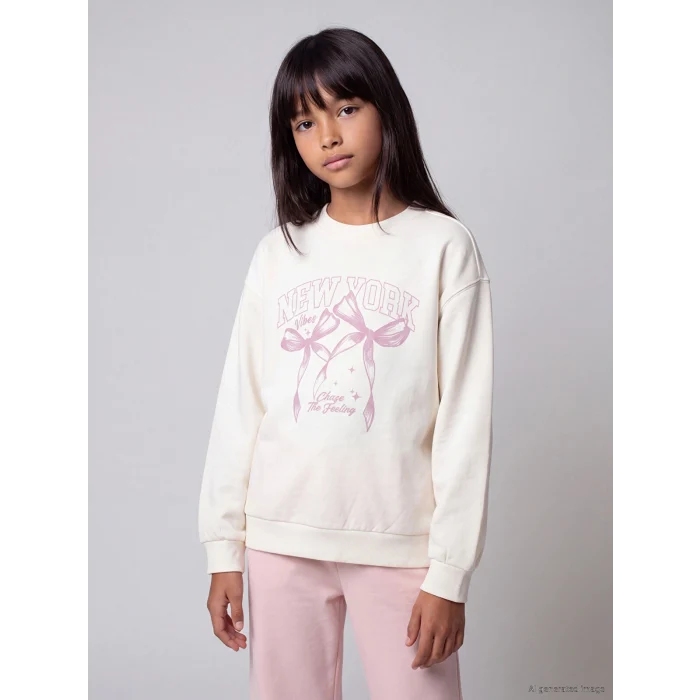 LCW Kids Ekru New York Baskılı Kız Çocuk Kalın Sweatshirt