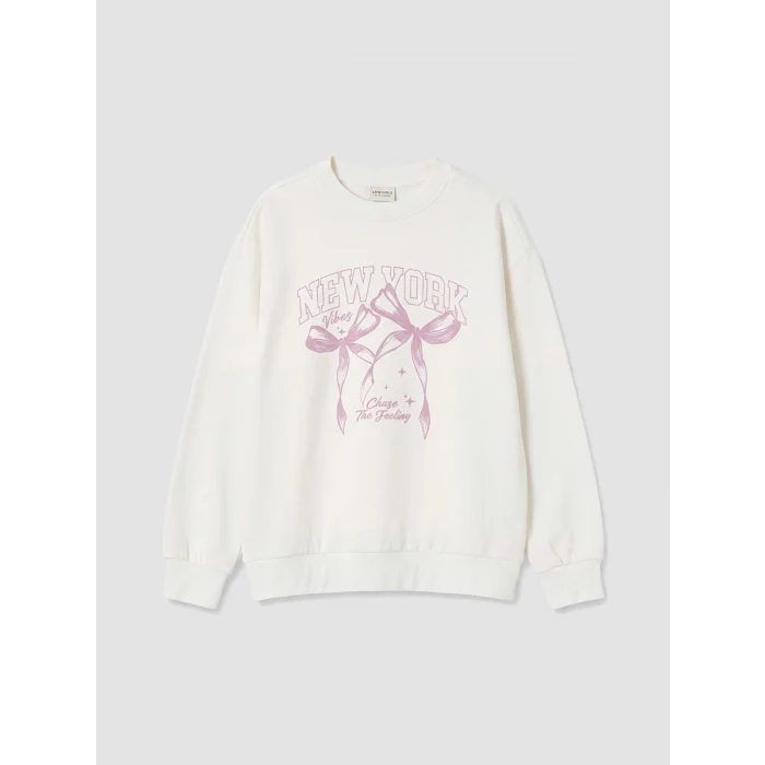 LCW Kids Ekru New York Baskılı Kız Çocuk Kalın Sweatshirt