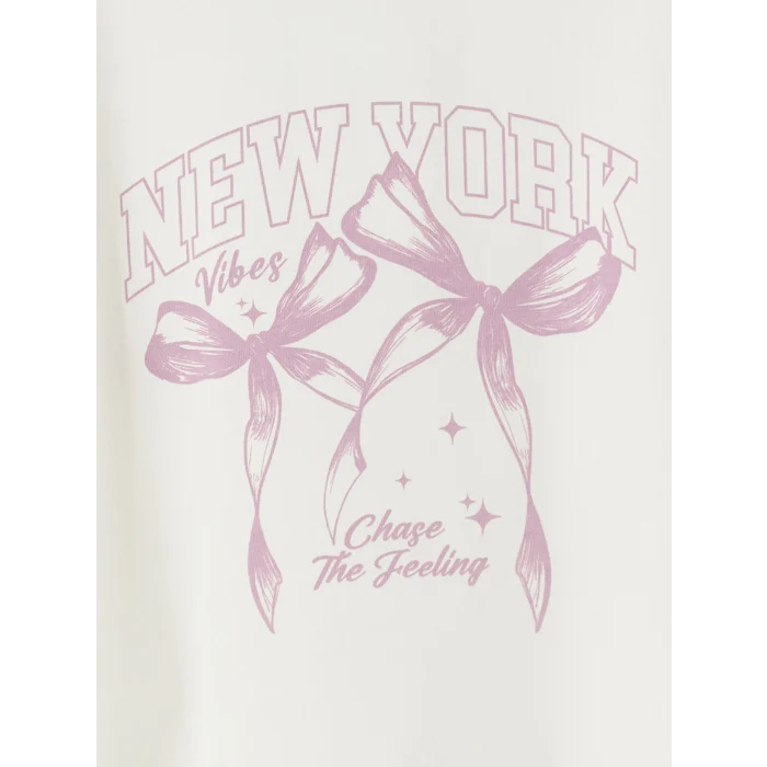LCW Kids Ekru New York Baskılı Kız Çocuk Kalın Sweatshirt