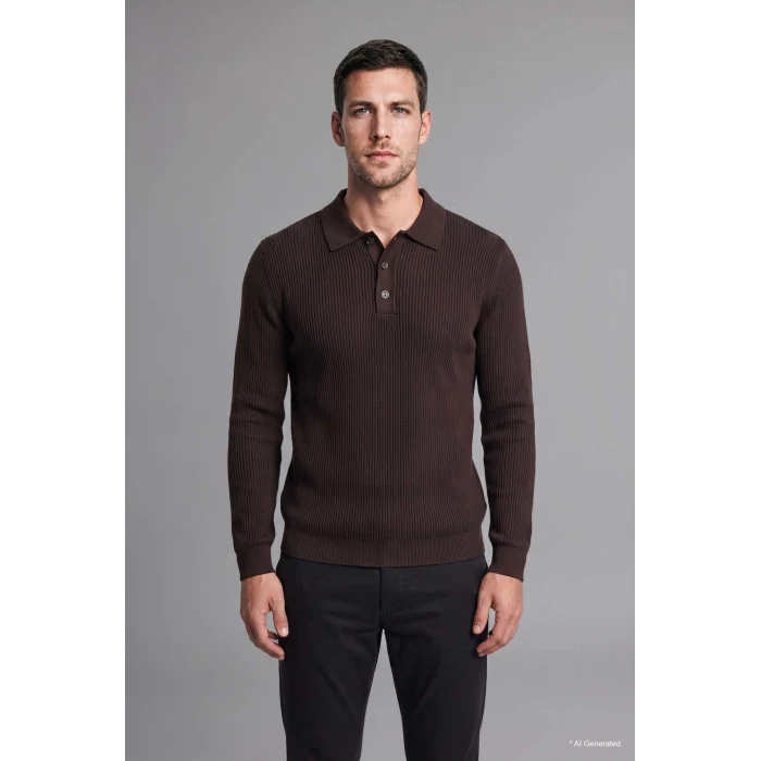 Defacto D1959AXBN339 Kahve Standart Fit Düğmeli Polo Yaka Triko Basic Kazak