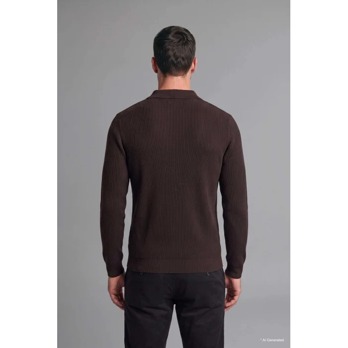 Defacto D1959AXBN339 Kahve Standart Fit Düğmeli Polo Yaka Triko Basic Kazak