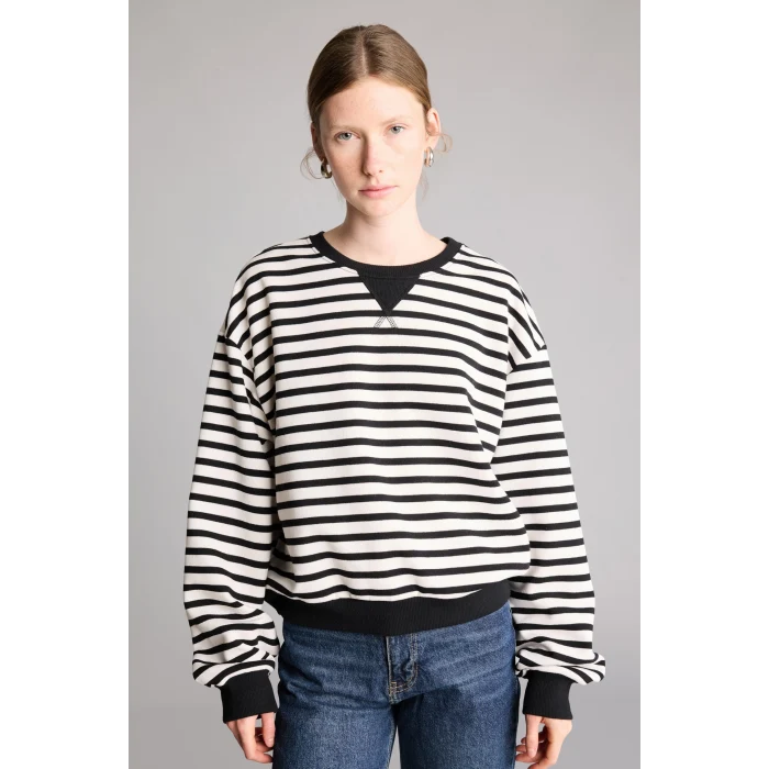 Defacto I3337AXBK81 Siyah Relaxed Fit Bisiklet Yaka Çizgili Kalın Sweatshirt