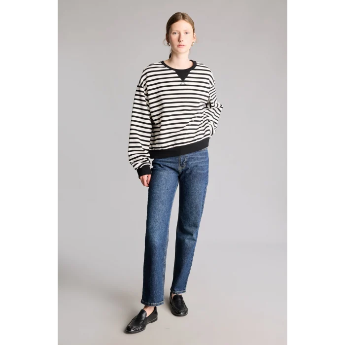Defacto I3337AXBK81 Siyah Relaxed Fit Bisiklet Yaka Çizgili Kalın Sweatshirt