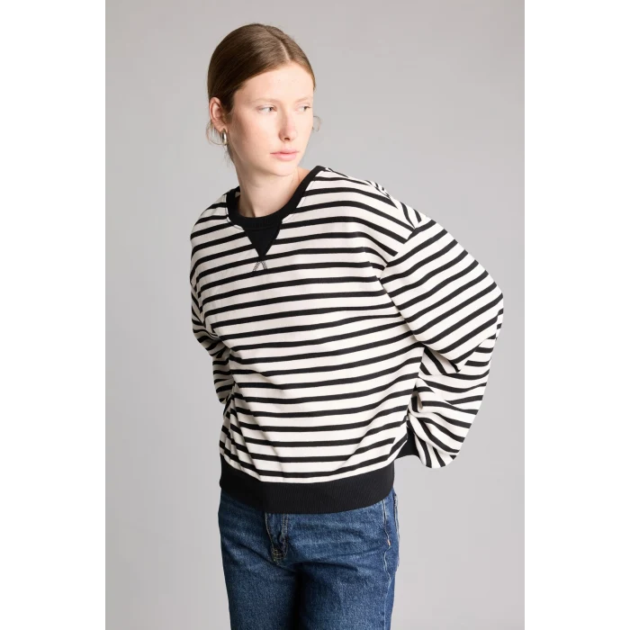 Defacto I3337AXBK81 Siyah Relaxed Fit Bisiklet Yaka Çizgili Kalın Sweatshirt