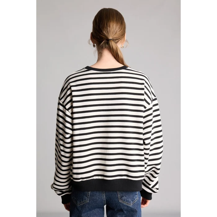 Defacto I3337AXBK81 Siyah Relaxed Fit Bisiklet Yaka Çizgili Kalın Sweatshirt