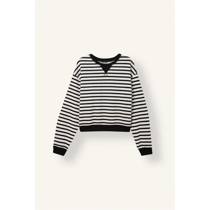 Defacto I3337AXBK81 Siyah Relaxed Fit Bisiklet Yaka Çizgili Kalın Sweatshirt