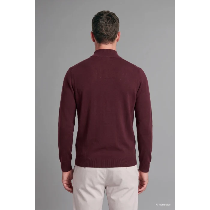 Defacto A5184AXBR34 Bordo Standart Fit Normal Kesim Dik Yaka Yarım Fermuarlı Basic Düz Triko Kazak
