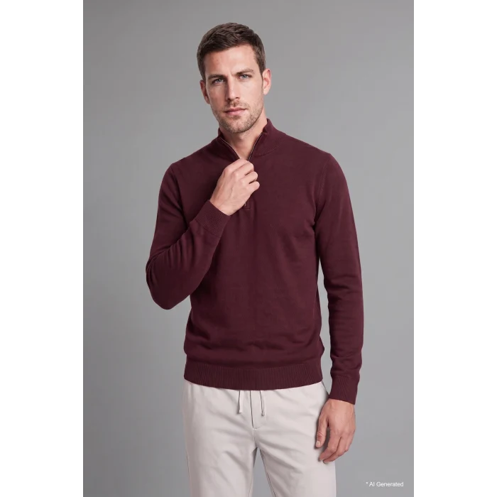 Defacto A5184AXBR34 Bordo Standart Fit Normal Kesim Dik Yaka Yarım Fermuarlı Basic Düz Triko Kazak