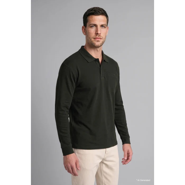 Defacto I2039AXKH538 Haki Regular Fit Düğmeli Polo Yaka Basic Sweatshirt