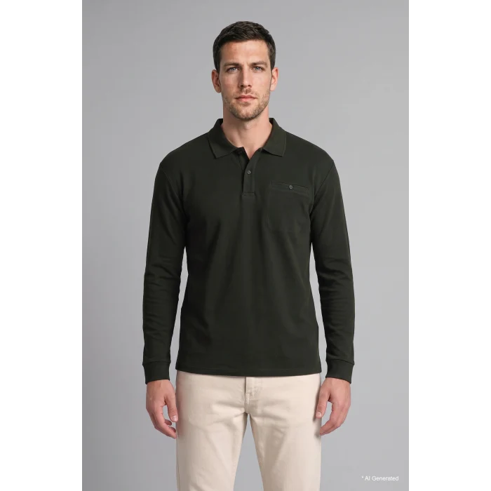 Defacto I2039AXKH538 Haki Regular Fit Düğmeli Polo Yaka Basic Sweatshirt
