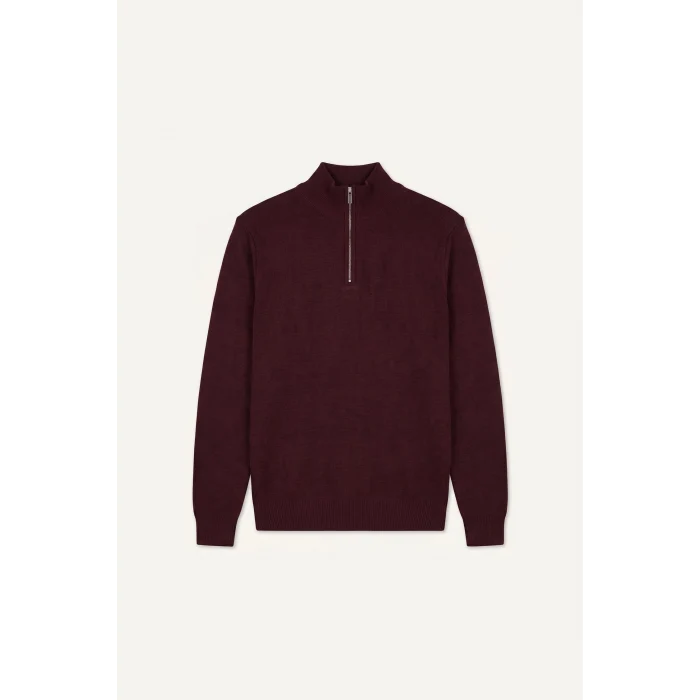 Defacto A5184AXBR34 Bordo Standart Fit Normal Kesim Dik Yaka Yarım Fermuarlı Basic Düz Triko Kazak