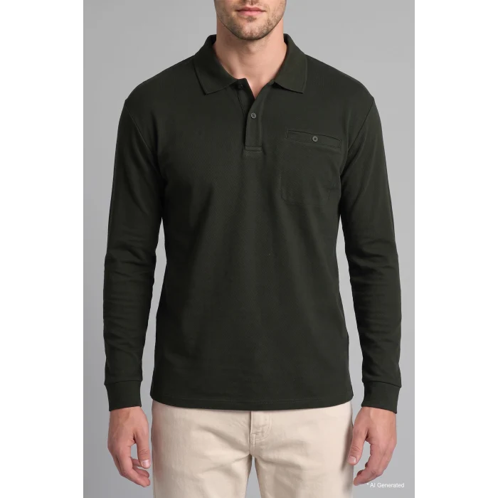 Defacto I2039AXKH538 Haki Regular Fit Düğmeli Polo Yaka Basic Sweatshirt