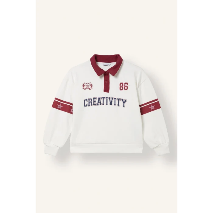 Defacto I7534A8ER105 Ekru Polo Yaka Şerit Detaylı Baskılı Sweatshirt Kız Çocuk