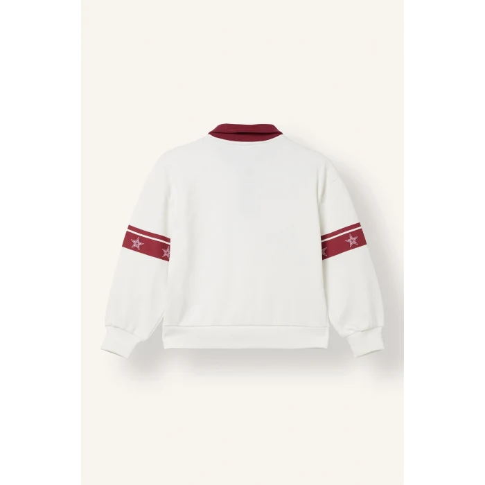 Defacto I7534A8ER105 Ekru Polo Yaka Şerit Detaylı Baskılı Sweatshirt Kız Çocuk