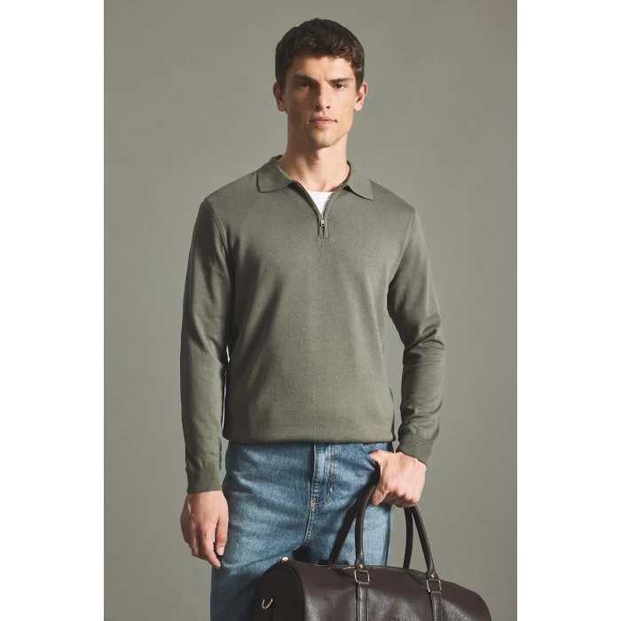 Defacto H7595AXKH82 Haki Standart Fit Yarım Fermuarlı Polo Yaka Triko Basic Kazak