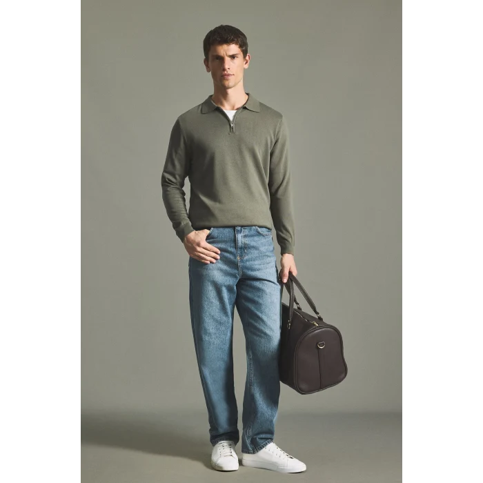 Defacto H7595AXKH82 Haki Standart Fit Yarım Fermuarlı Polo Yaka Triko Basic Kazak