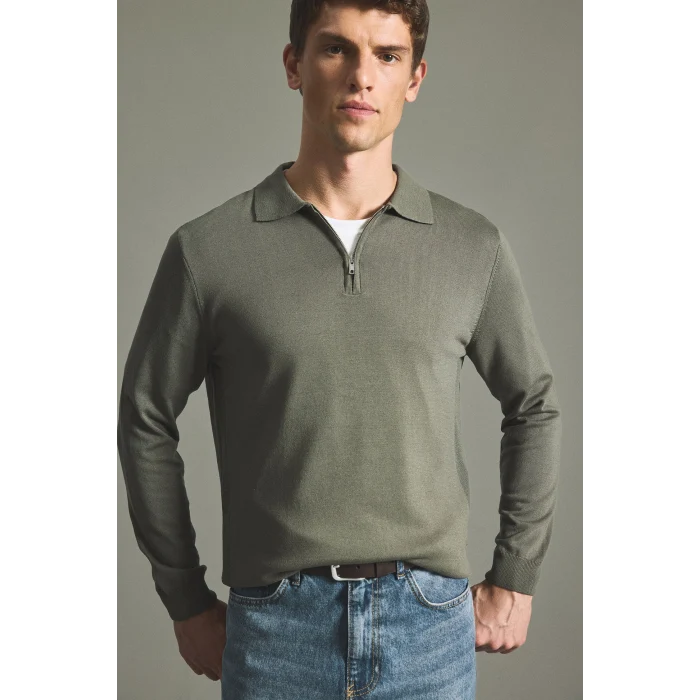 Defacto H7595AXKH82 Haki Standart Fit Yarım Fermuarlı Polo Yaka Triko Basic Kazak
