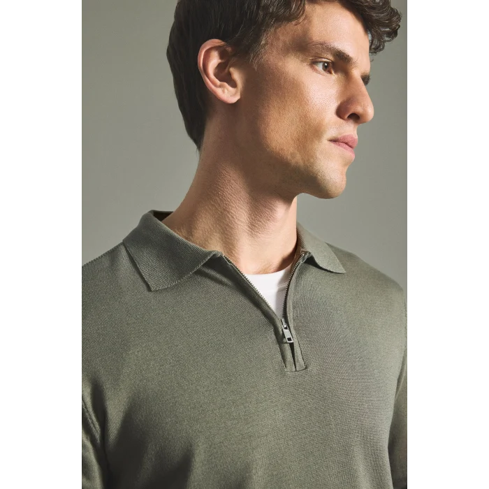 Defacto H7595AXKH82 Haki Standart Fit Yarım Fermuarlı Polo Yaka Triko Basic Kazak