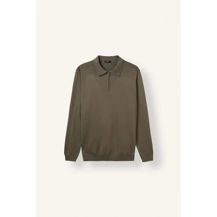 Defacto H7595AXKH82 Haki Standart Fit Yarım Fermuarlı Polo Yaka Triko Basic Kazak