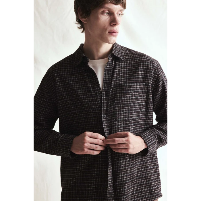 Defacto I0169AXBK81 Siyah %100 Pamuk Regular Fit Polo Yaka Cepli Kareli Flanel Uzun Kollu Gömlek